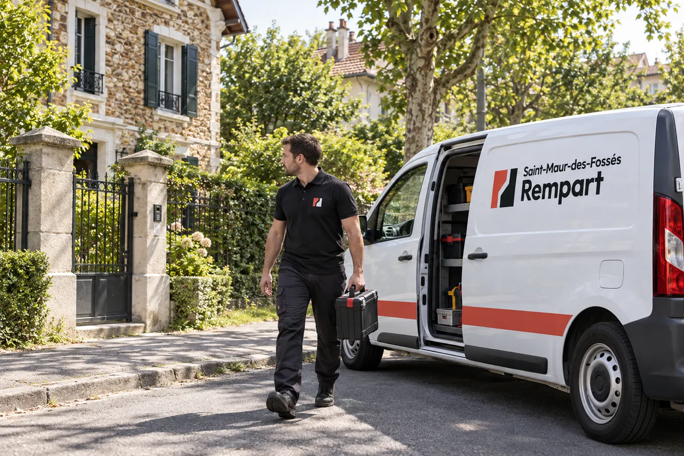 Artisan serrurier Saint-Maur-des-Fossés Rempart en polo de travail, sortant de sa camionnette d'intervention devant un pavillon en meulière